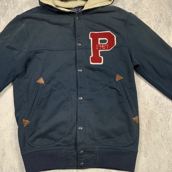 Polo Ralph Lauren Jacket Mens Medium Blue Letterman Varsity Hooded 1967 Casual - Picture 6 of 12